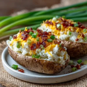 Two finished twice baked potatoes sitting on a plate, with golden melted cheese and a garnish of fresh chives. The potato skins are visibly crispy.