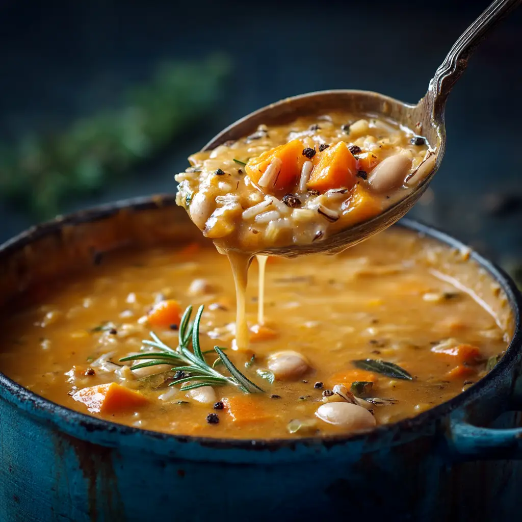 Vegan Pumpkin Wild Rice Soup (Creamy & Hearty) 1 A beautiful bowl of creamy vegan pumpkin soup with wild rice, ready to serve and garnished with herbs.