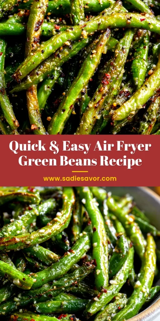 A close-up shot of crispy air fryer green beans in a white bowl, seasoned with garlic and parmesan. The perfect healthy and quick side dish.