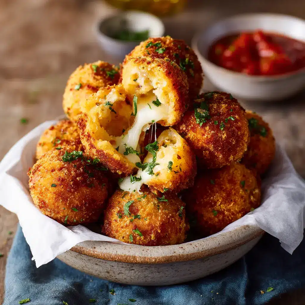 A close-up view of a baked arancini being dipped into a bowl of fresh marinara sauce, highlighting the crispy texture of the panko breadcrumb coating.