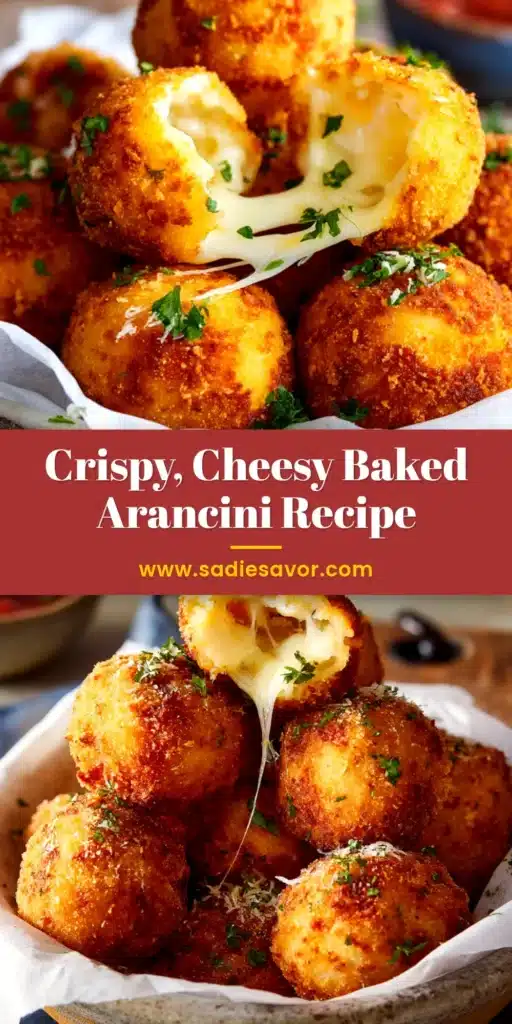 A close-up shot of golden brown Baked Arancini on a white plate, with one cut open to show the gooey mozzarella cheese filling. This healthy appetizer is crispy and delicious.