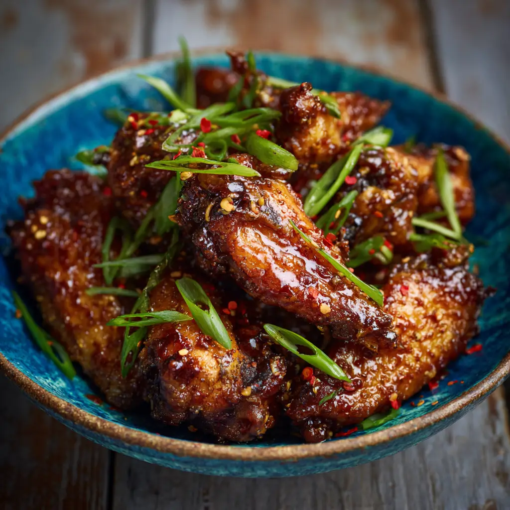 Crispy Asian chicken wings arranged on a wire rack after baking in the oven, ready for the sauce.