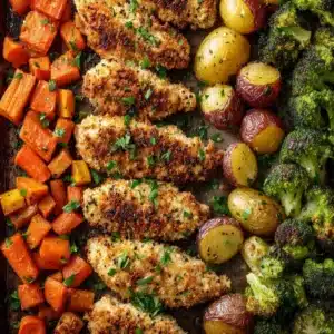 A close-up, eye-level shot of a piece of crispy baked parmesan chicken next to roasted broccoli on a sheet pan.