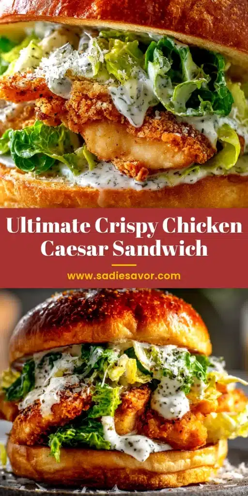 A delicious Crispy Chicken Caesar Sandwich cut in half, revealing layers of crunchy chicken, fresh romaine, and creamy dressing on toasted ciabatta.