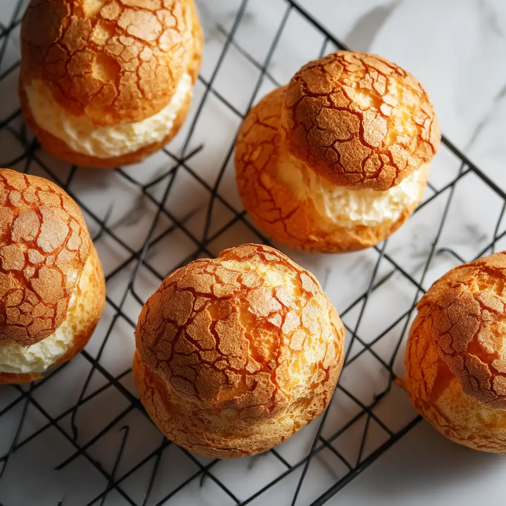 Choux au Craquelin Recipe (Perfect Crispy Cream Puffs) 2 A close-up shot of freshly baked craquelin-topped cream puffs cooling on a wire rack, highlighting the crispy texture of the craquelin topping.