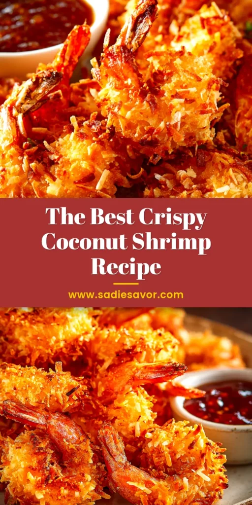 A close-up of golden brown, crispy coconut shrimp piled high on a plate, ready to be served with a sweet chili dipping sauce. This image showcases the ultimate crispy coconut shrimp recipe.