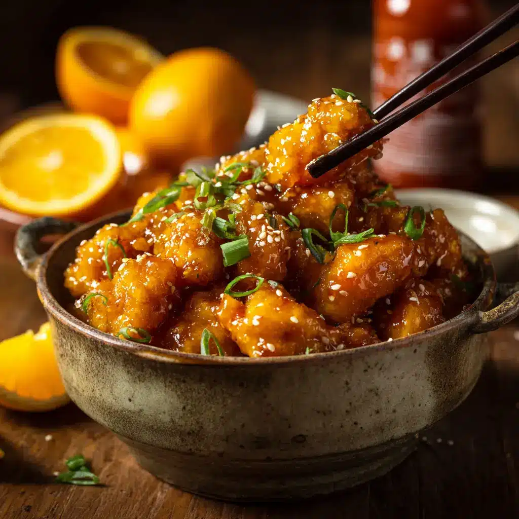 A close-up view showing the incredibly crispy texture of the fried chicken pieces before being tossed in the orange sauce.