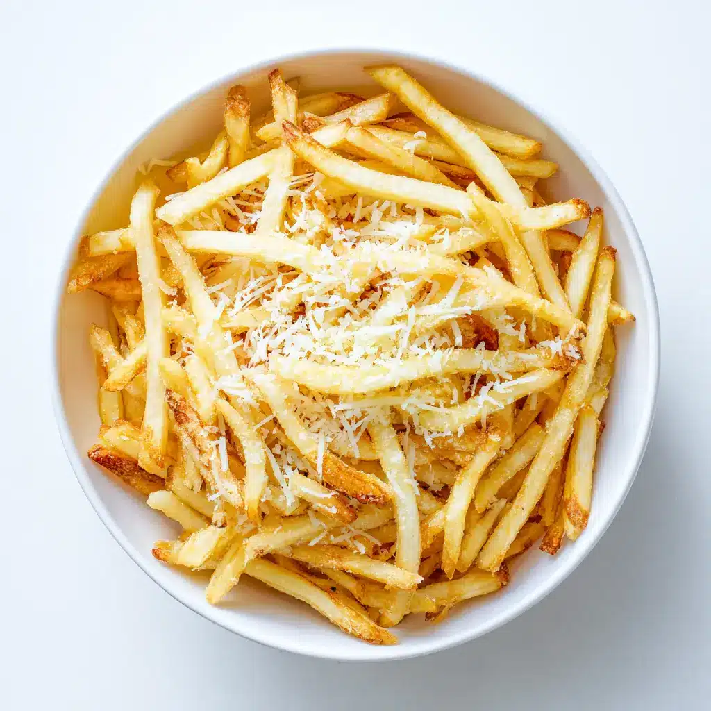 A close-up shot of crispy homemade truffle fries, showing the texture of the potato and melted Parmesan.