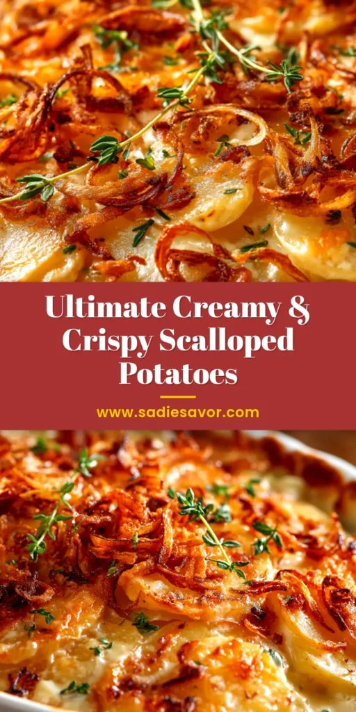 A top-down view of a baking dish filled with delicious Crispy Onion Scalloped Potatoes, showing the golden-brown fried onion topping and creamy cheese sauce.