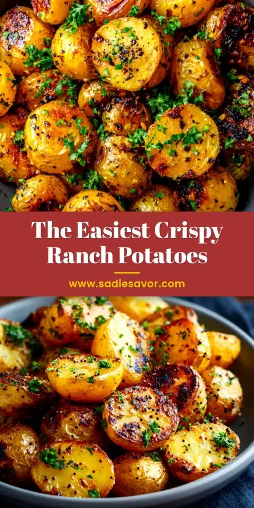 A top-down view of perfectly crispy Roasted Ranch Potatoes in a white serving bowl, garnished with fresh parsley. The potatoes are golden-brown and full of savory ranch flavor.