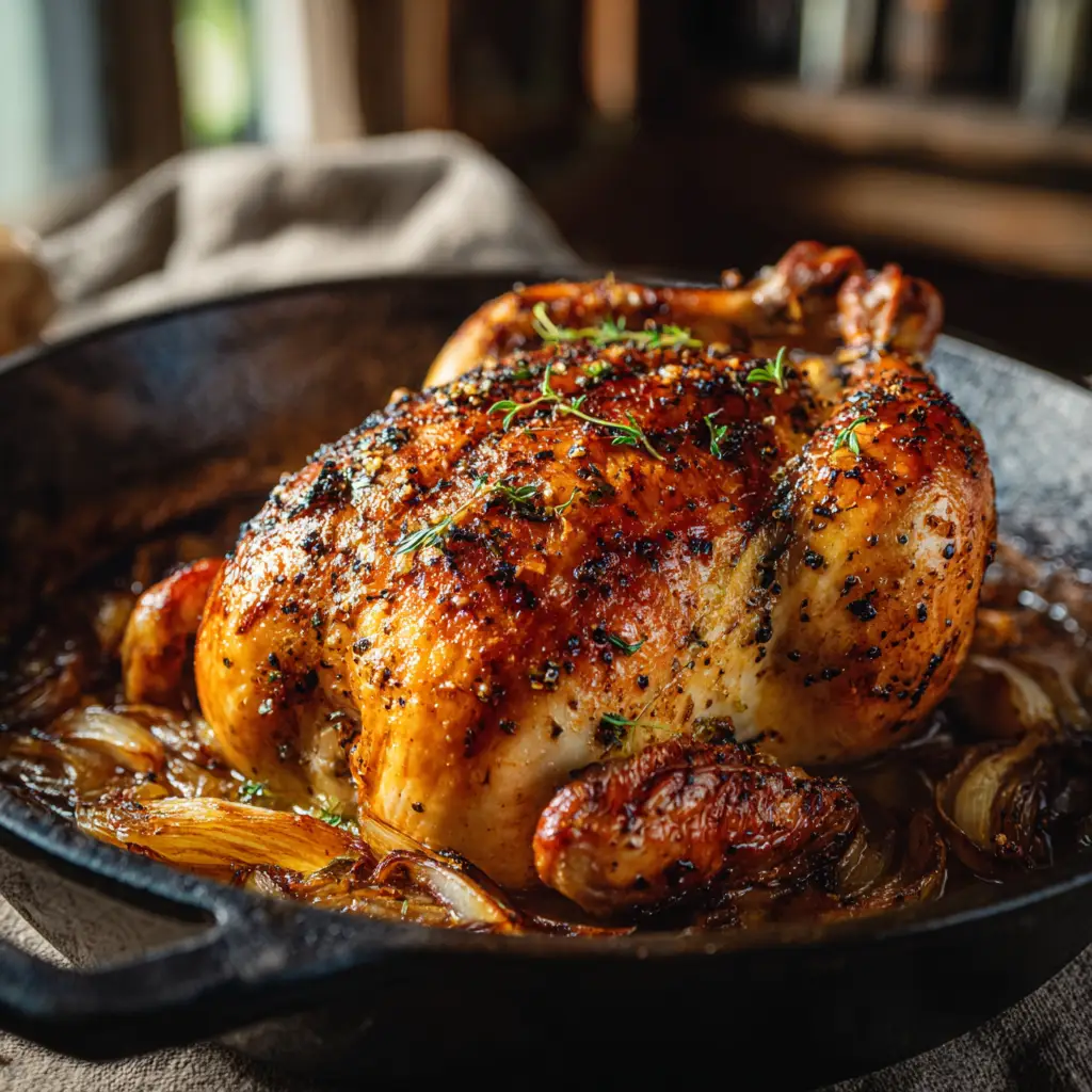 A close-up shot of the crispy, golden-brown skin on the garlic butter whole roasted chicken, showing the texture and seasoning.