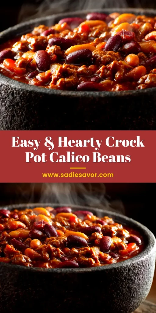 Crock Pot Calico Beans recipe with ground beef, bacon, and a trio of beans in a sweet and tangy sauce. A perfect slow cooker meal for a crowd, shown in a serving bowl.