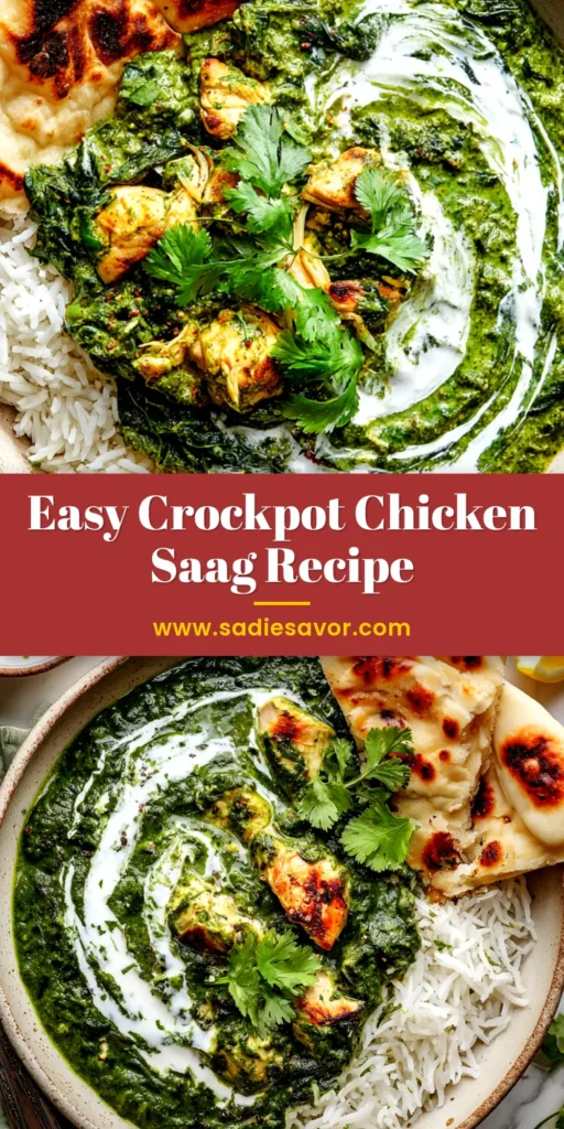 A beautiful overhead shot of creamy Crockpot Chicken Saag in a white bowl, served with a side of naan bread. The rich green color of the spinach curry is highlighted, promising a flavorful and easy slow cooker meal.