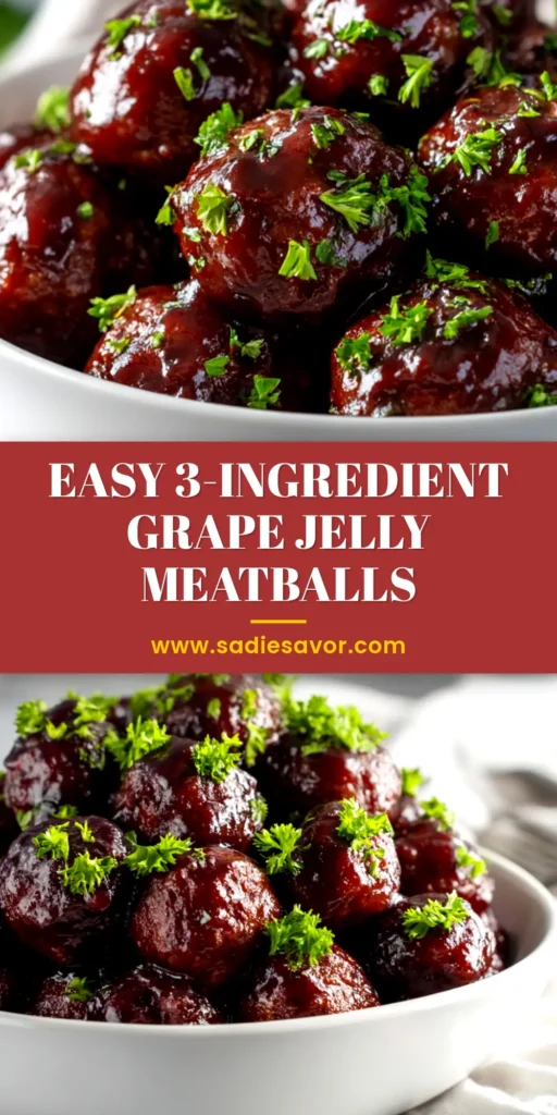 A top-down view of Crockpot Grape Jelly Meatballs in a white serving bowl with toothpicks, showcasing the glossy, dark purple sauce.