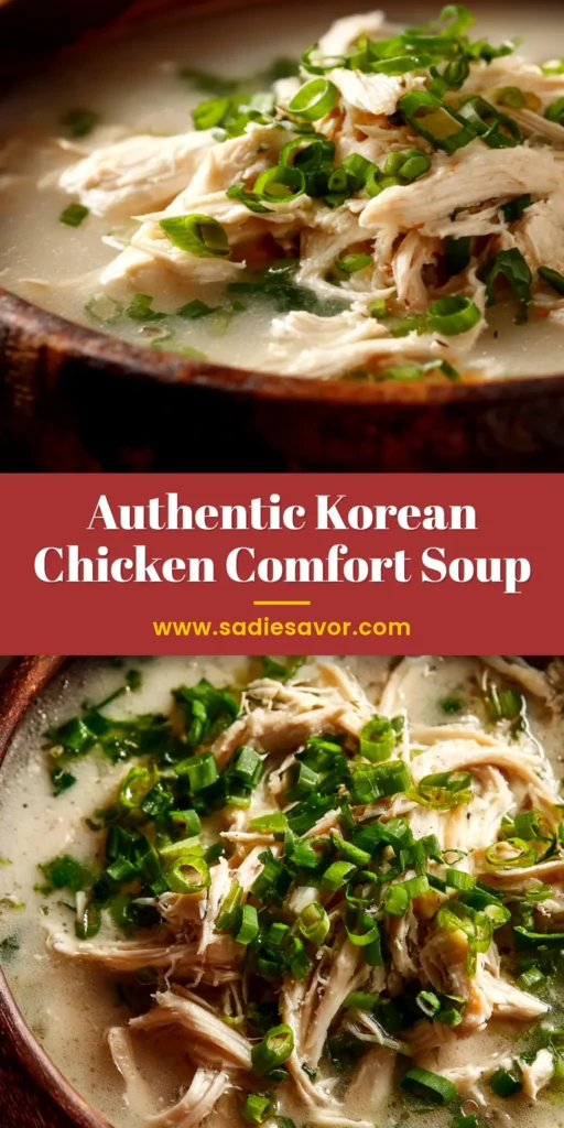 A nourishing bowl of Dak Gomtang (Korean Chicken Soup), featuring a rich, milky broth, tender shredded chicken, and a garnish of fresh green scallions. The perfect comforting meal.