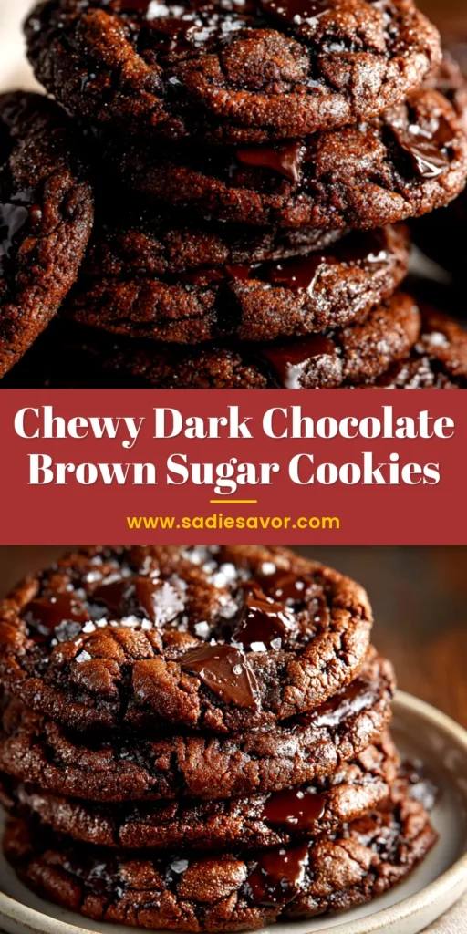 A stack of thick and chewy Dark Chocolate Brown Sugar Cookies, with one broken in half to show the melted chocolate inside.