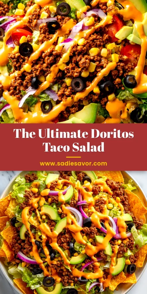 Doritos Taco Salad Recipe: The Ultimate Crowd-Pleaser 3 A large glass bowl filled with a colorful Doritos Taco Salad recipe, showing crushed nacho chips, lettuce, seasoned ground beef, and cheese.