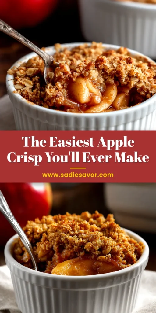 A delicious and Easy Apple Crisp in a white baking dish, topped with a golden-brown oatmeal crumble and a serving spoon taking a scoop.