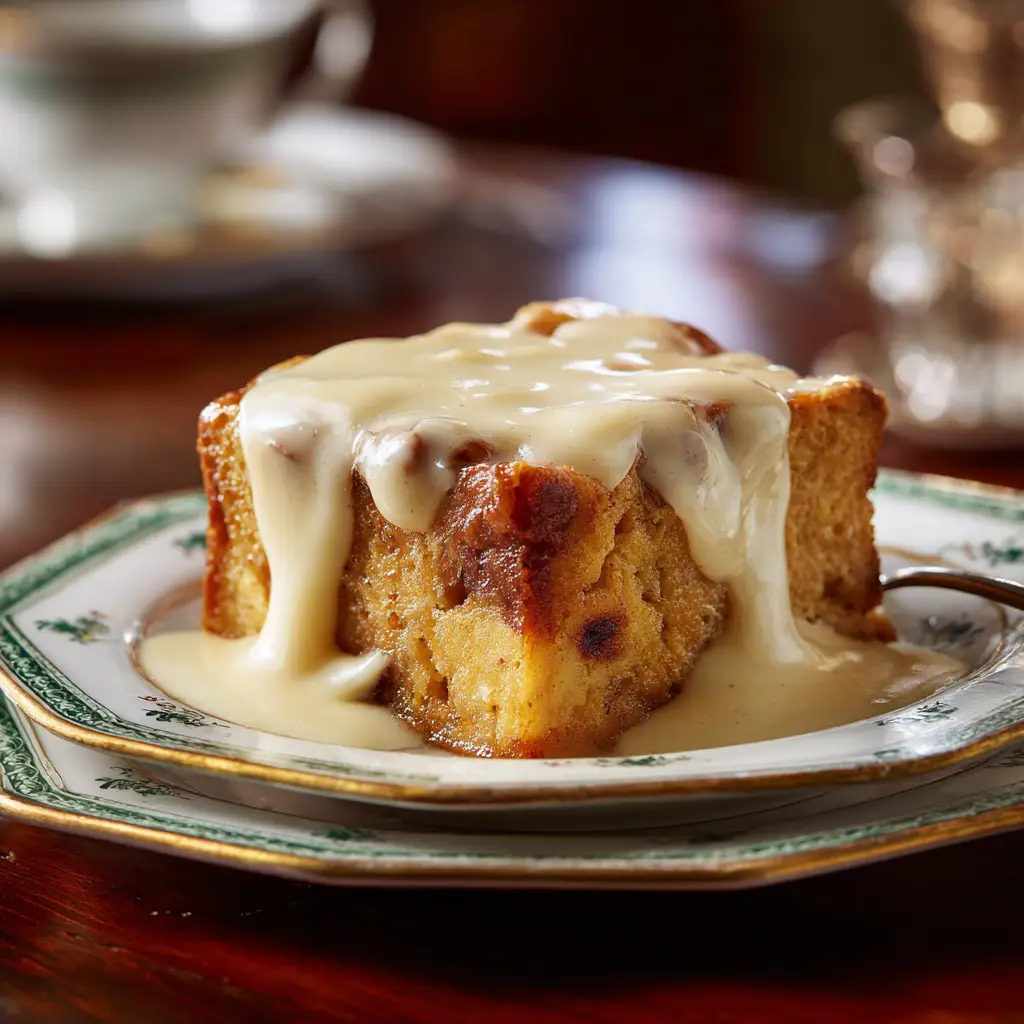 The process of making easy bread pudding, with a rich custard mixture being poured over cubes of stale bread in a baking dish.