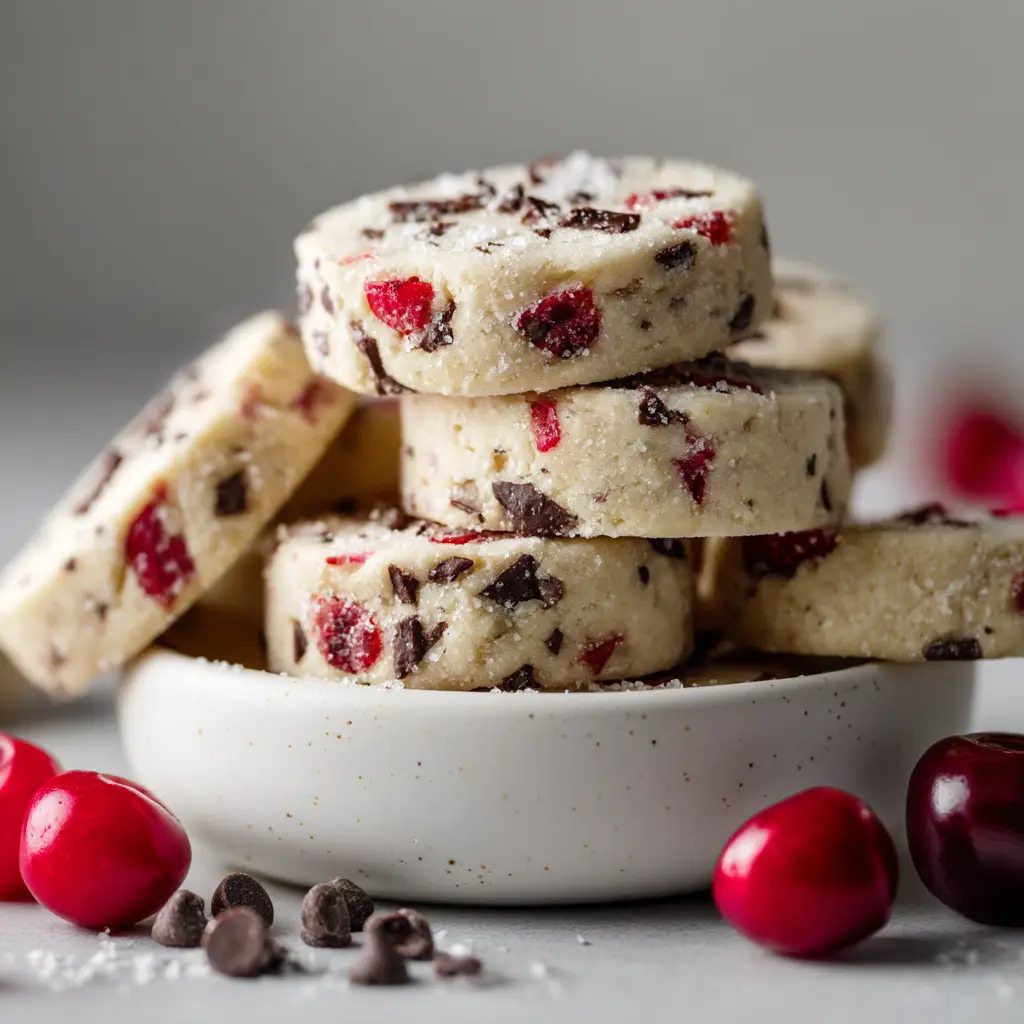 A lifestyle shot of Cherry Chocolate Chip Shortbread Cookies arranged neatly on a cooling rack after baking.