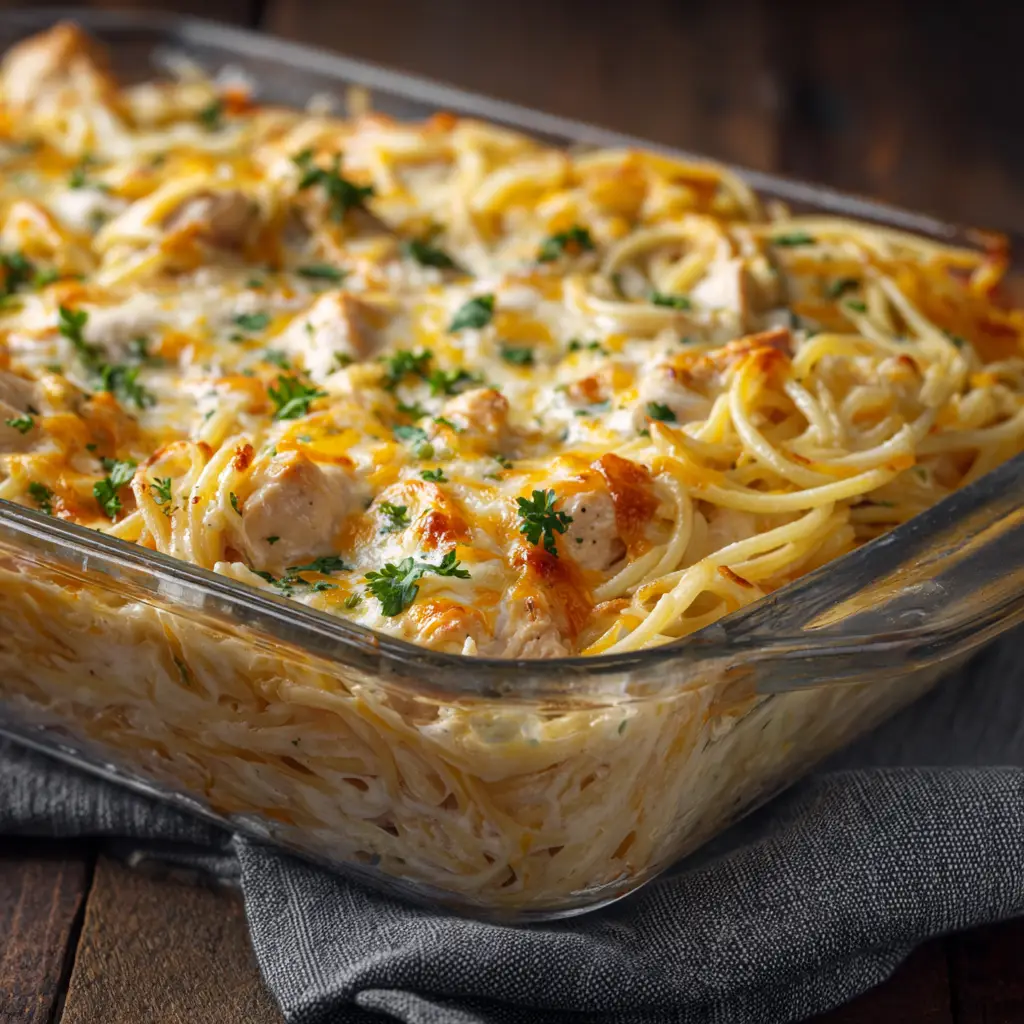 A spoonful of chicken spaghetti casserole being lifted from the baking dish, showing the creamy sauce and strings of melted cheese.