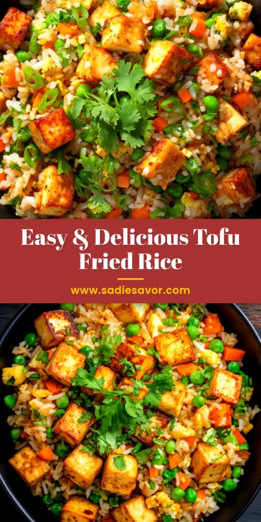 Tofu Fried Rice (The BEST Crispy Recipe!) 3 A close-up shot of crispy tofu fried rice in a black bowl, garnished with fresh scallions and sesame seeds. The best easy tofu fried rice recipe!