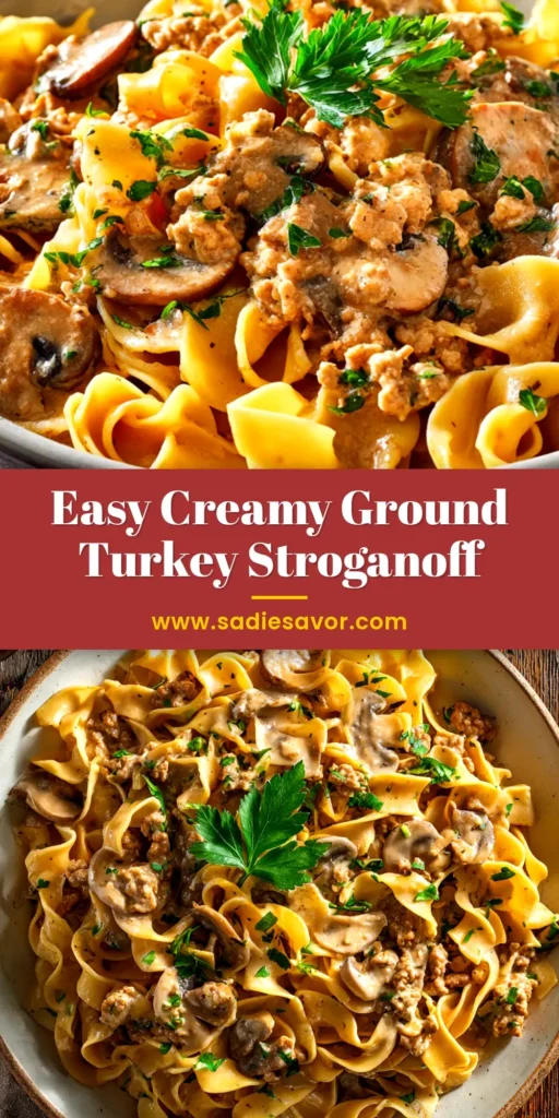 A top-down view of a white bowl filled with creamy Ground Turkey Stroganoff over egg noodles, garnished with fresh parsley.