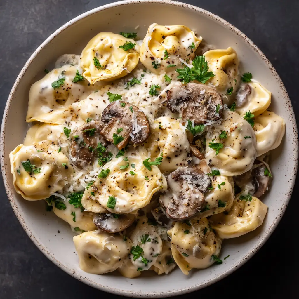 A serving of the easy mushroom tortellini recipe in a rustic bowl, ready to be eaten.