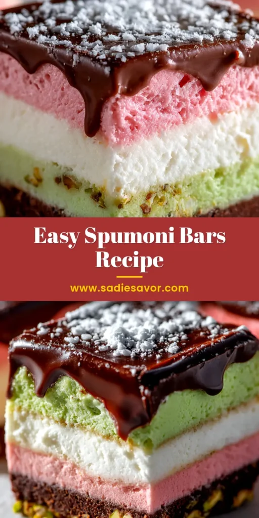 A stack of perfectly layered Spumoni Bars on a plate, showcasing the distinct cherry, pistachio, and chocolate layers. This no-bake Italian dessert is ready to be shared.