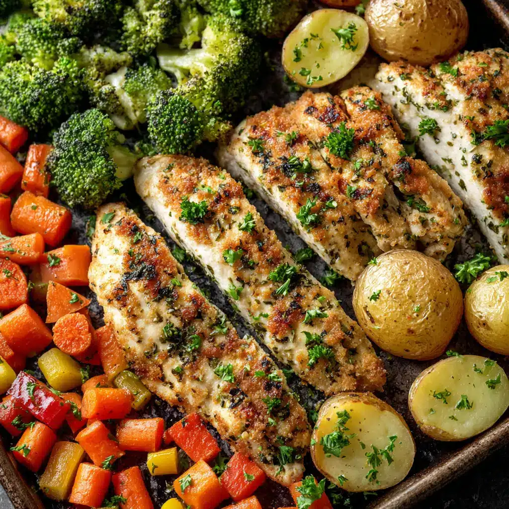 A serving of the easy one-pan chicken dinner on a plate, featuring the parmesan crusted chicken breast, potatoes, and broccoli.
