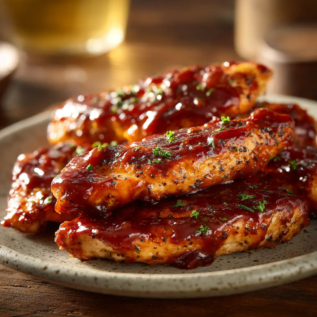 A plate of oven-baked chicken tenders being brushed with a rich, dark BBQ sauce. A key step in the easy chicken tender recipe.