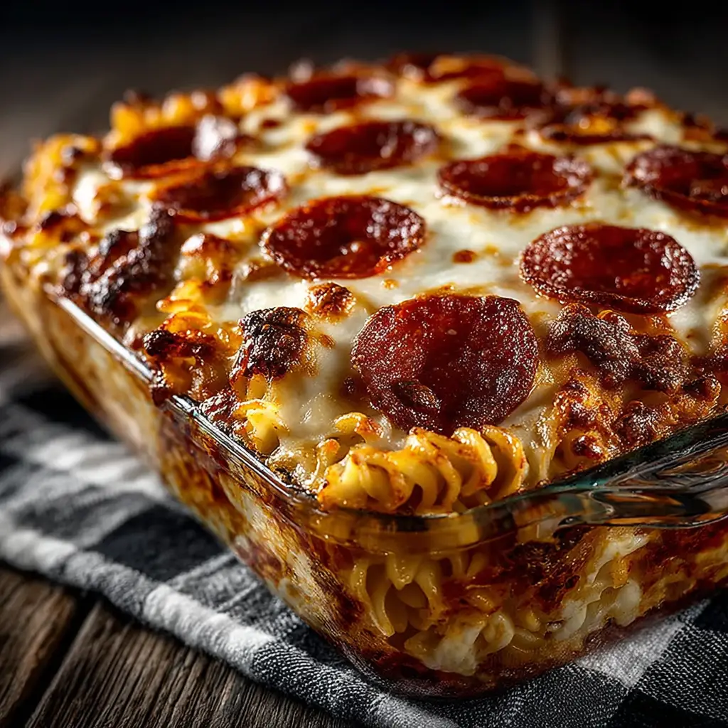 The completed easy pepperoni casserole recipe in a baking dish, garnished with fresh basil before serving.