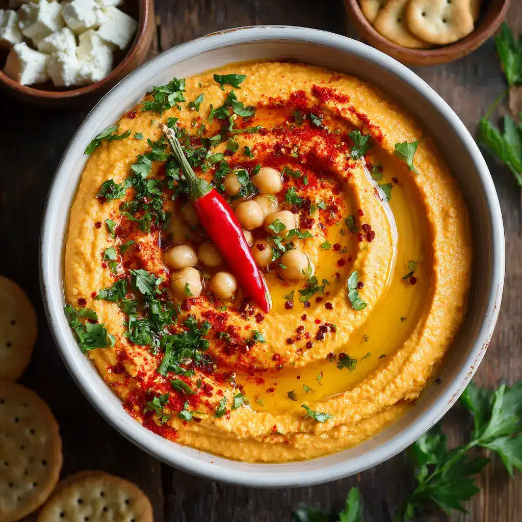 A close-up shot of a pita chip dipping into a bowl of easy roasted red pepper hummus, showing off the dip's rich texture.