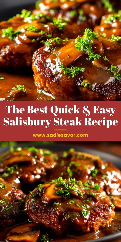 Easy Salisbury Steak Recipe (with Rich Mushroom Gravy) 4 An overhead shot of an easy Salisbury steak recipe, showing juicy beef patties in a rich mushroom gravy, served over mashed potatoes in a white bowl.