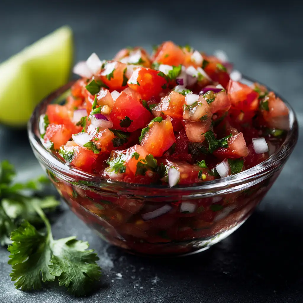 A tortilla chip dipping into a bowl of easy homemade salsa, creating a small splash.