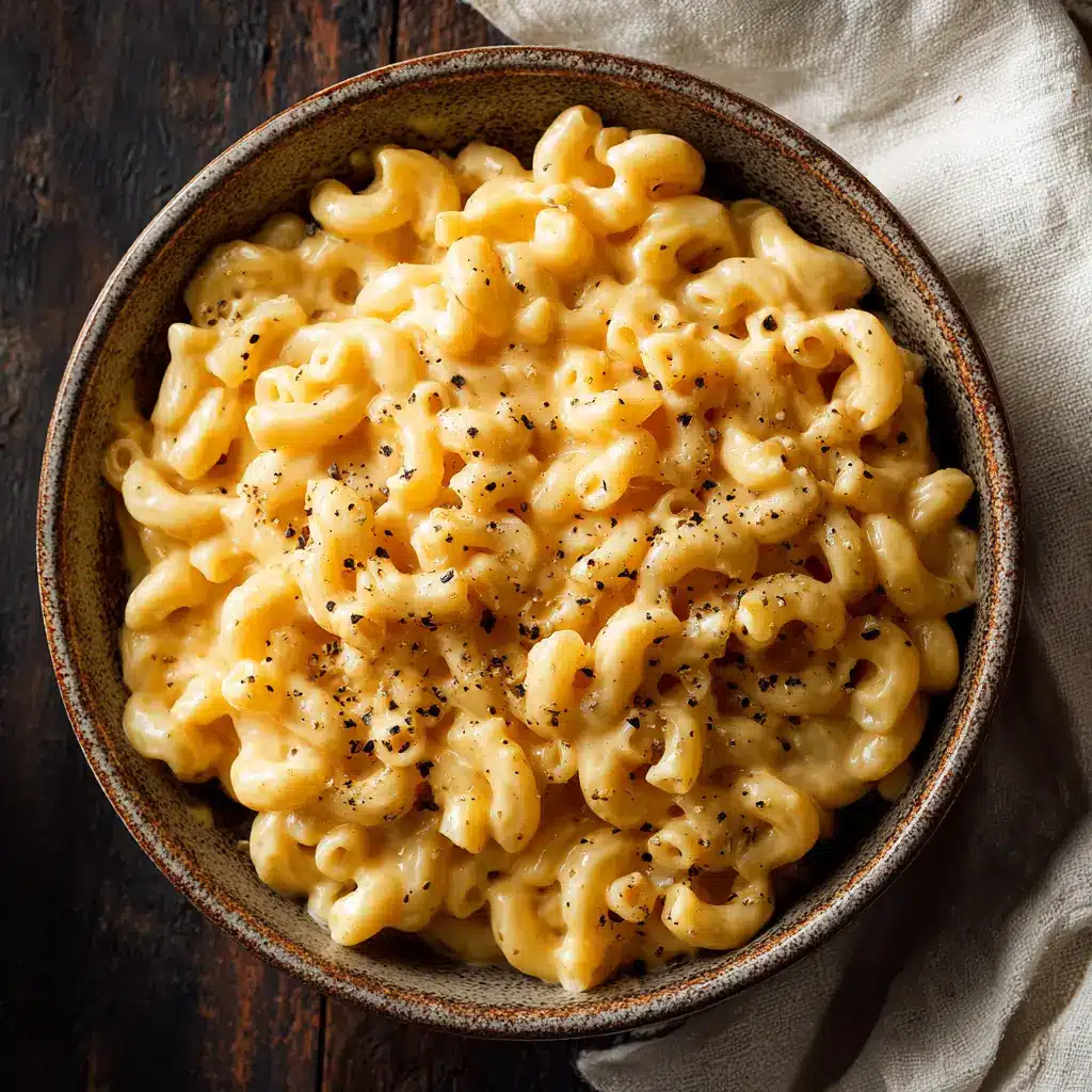 A spoonful of easy stovetop mac and cheese being lifted from a skillet, showing off the cheesy, gooey texture.