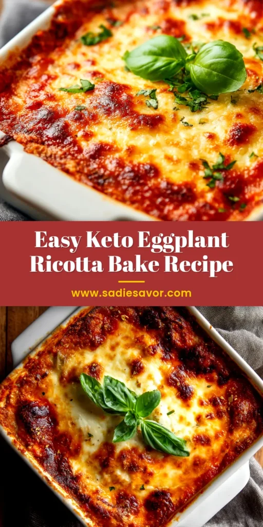 A delicious Eggplant Ricotta Bake in a white casserole dish, showing layers of eggplant, cheese, and red sauce. The perfect vegetarian comfort food recipe.