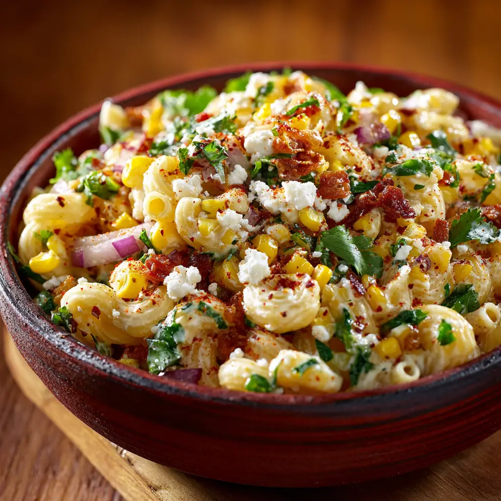 Mexican Street Corn Pasta Salad: Your New Favorite Side Dish 2 A close-up shot of the elote pasta salad, showing the texture of the creamy dressing, charred corn, and fresh cilantro.