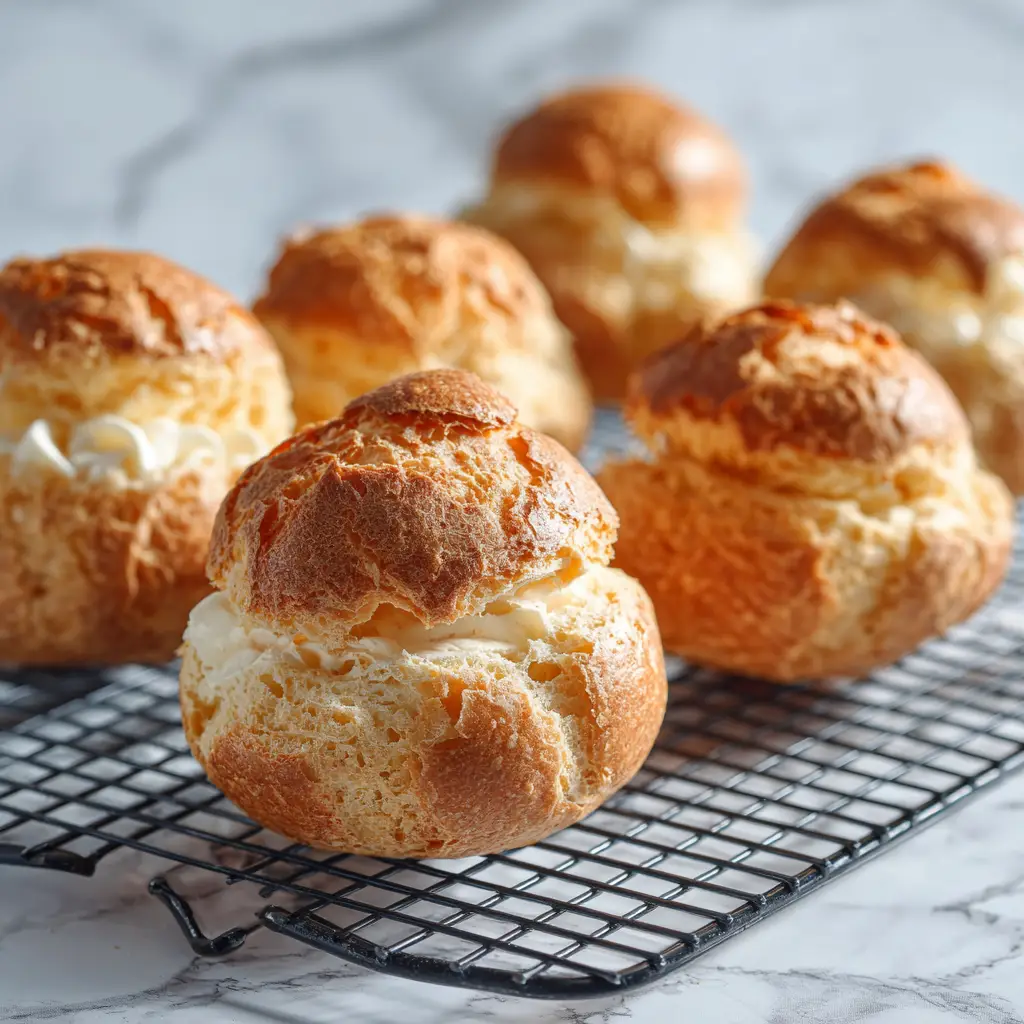 Choux au Craquelin Recipe (Perfect Crispy Cream Puffs) 1 A baker piping pastry cream into a halved Choux au Craquelin, showing the hollow inside of the choux pastry and the rich filling.