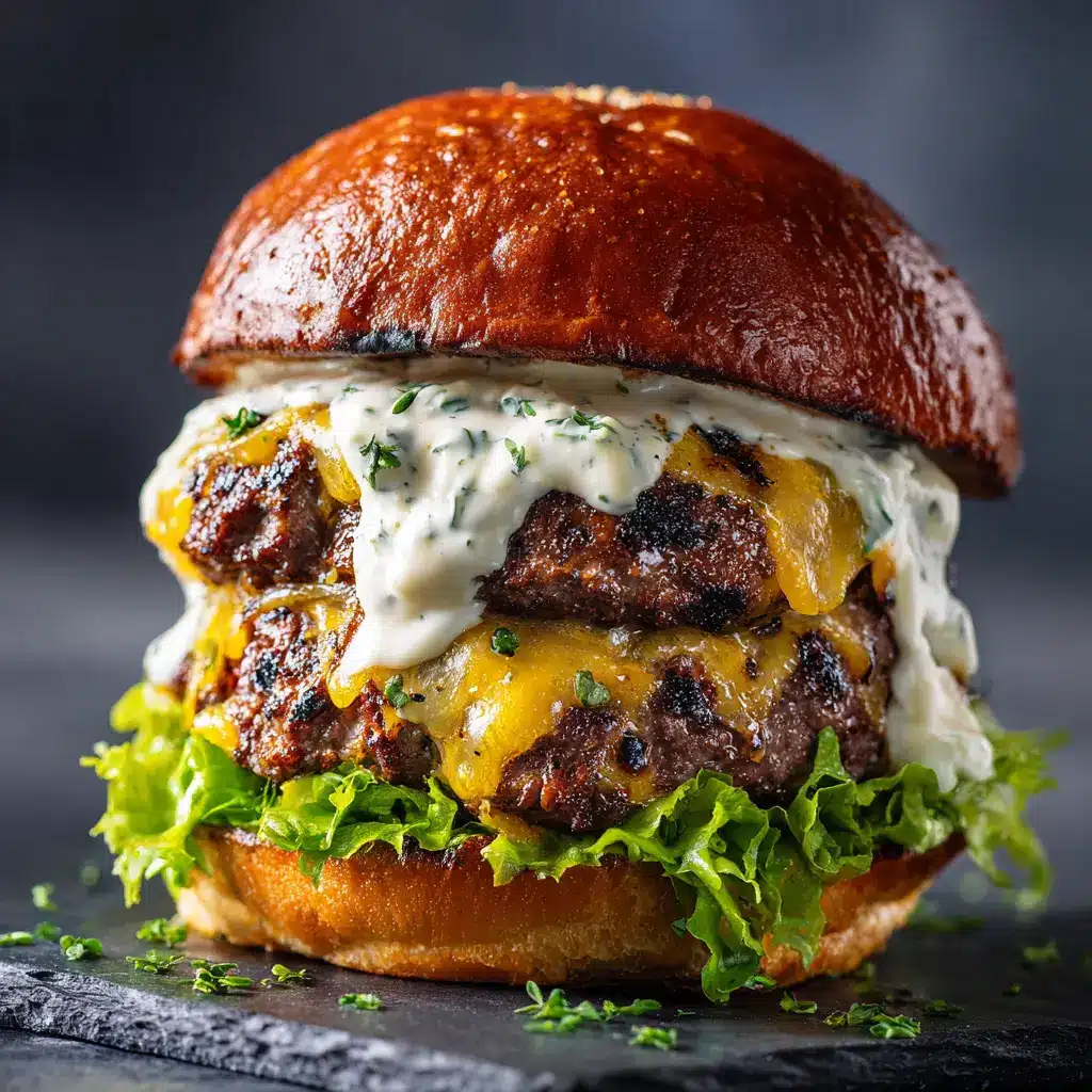 Cheddar Ranch Burger: The Ultimate Juicy & Flavorful Recipe 1 An assembled cheddar ranch burger cut in half, revealing a juicy interior and layers of lettuce, tomato, and creamy ranch sauce.