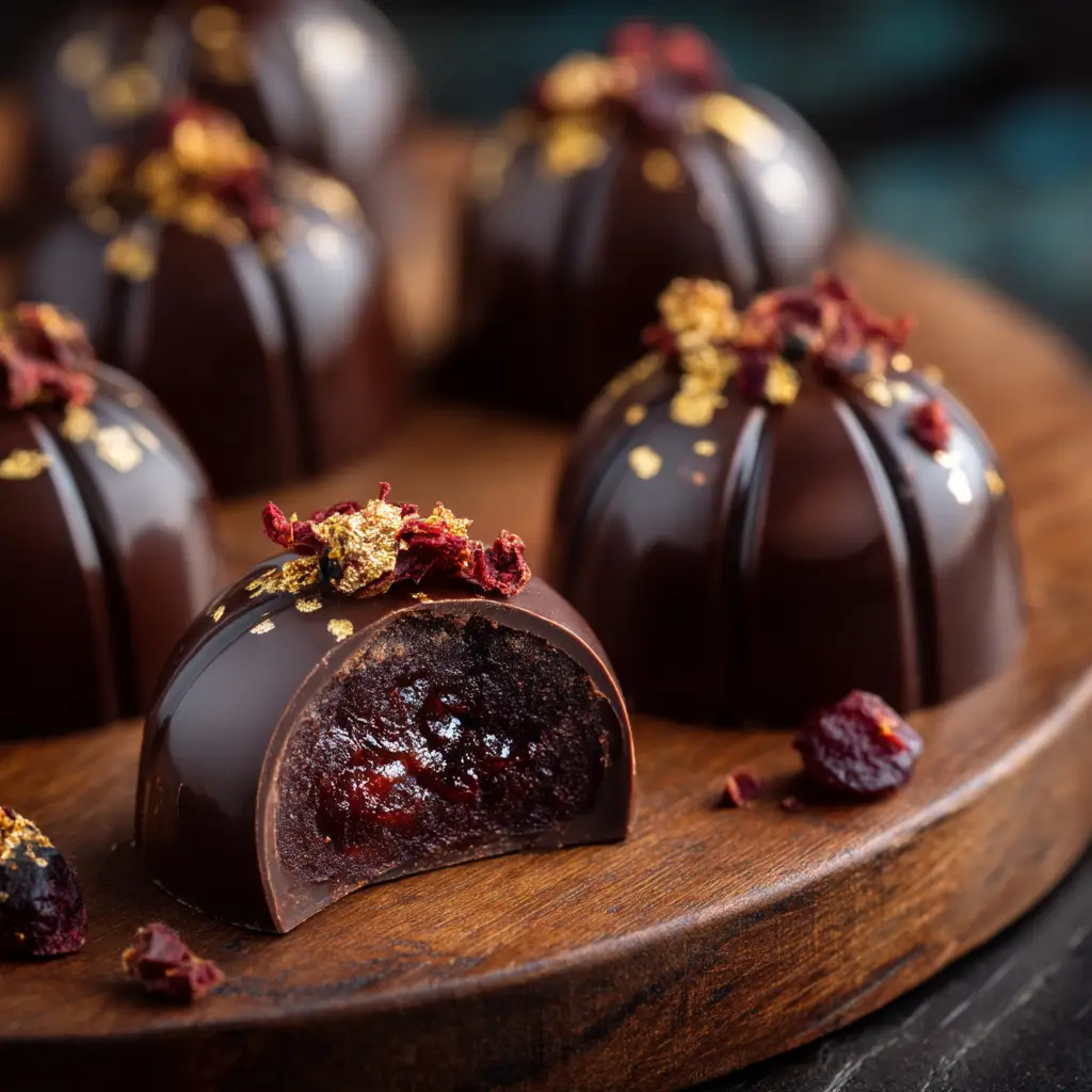Several finished cherry chocolate bonbons scattered on a dark surface, emphasizing their elegant, handcrafted appearance.
