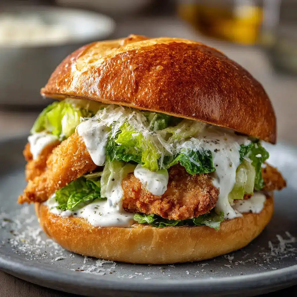 Two finished Crispy Chicken Caesar Sandwiches plated and ready to eat, highlighting all the fresh ingredients.