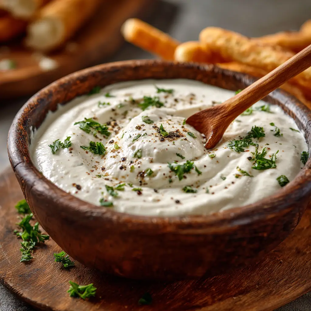 Creamy Garlic Pizza Sauce (The BEST White Pizza Sauce) 1 A saucepan showing the finished, smooth and creamy garlic parmesan sauce for pizza, ready to be used or stored.