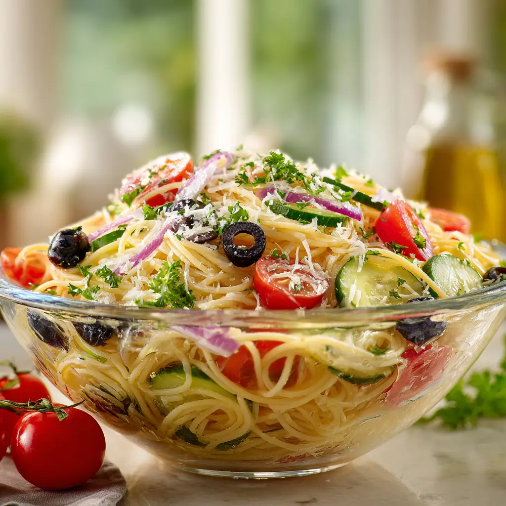 A large glass bowl filled with the finished spaghetti salad, tossed with a zesty Italian dressing and ready to be served at a summer party.