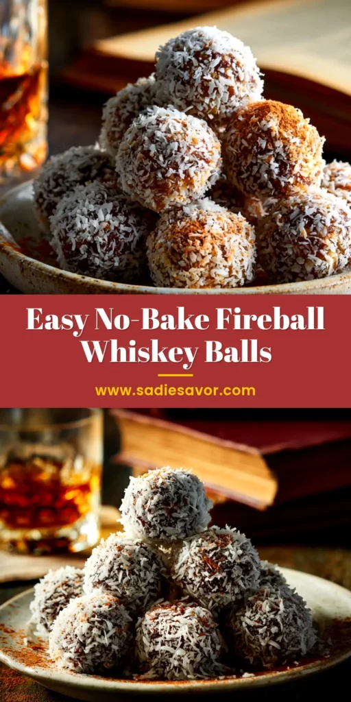 A pyramid stack of Fireball whiskey balls coated in powdered sugar, ready for a holiday party. The ultimate no-bake boozy treat.
