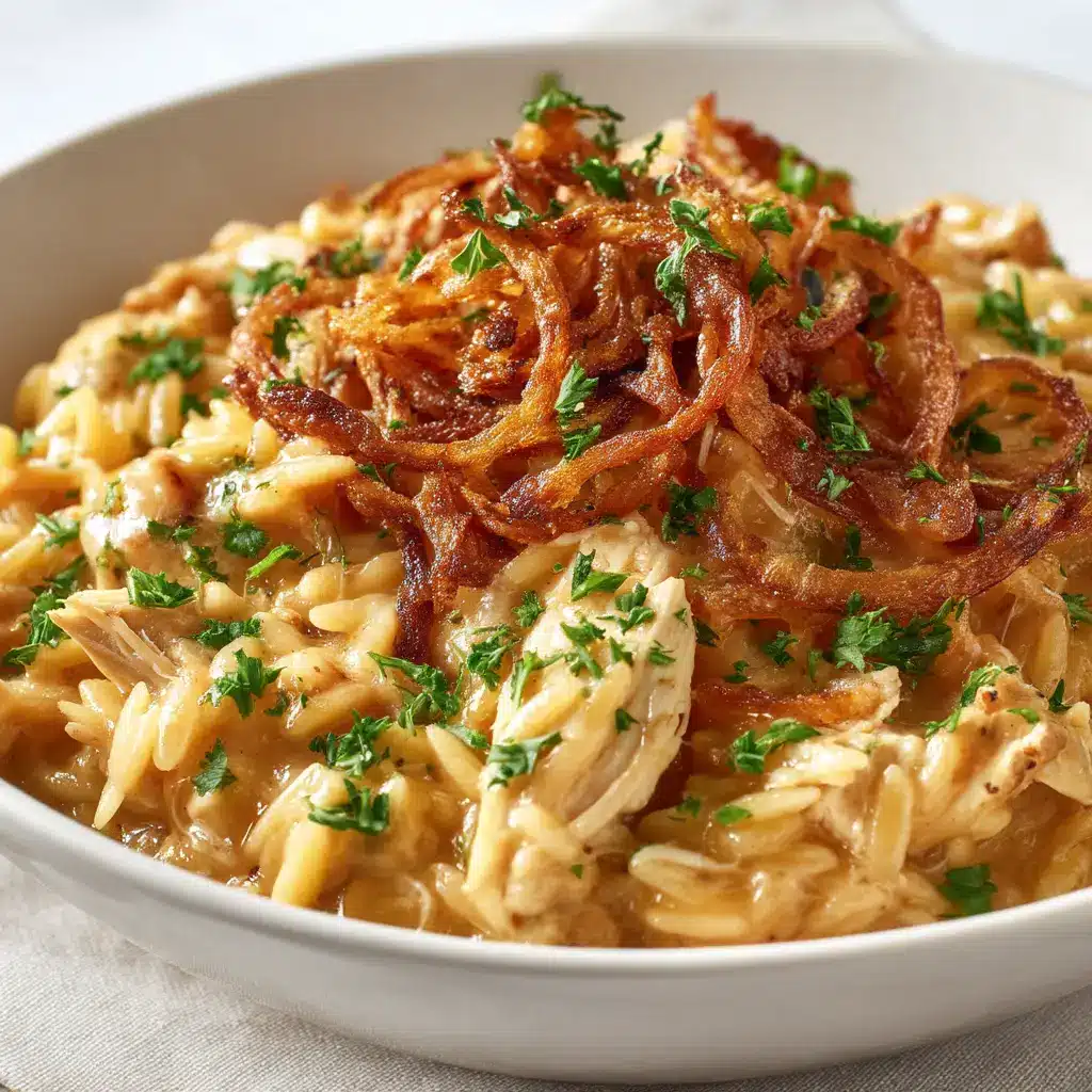 French Onion Chicken Orzo Casserole (The Ultimate Comfort Meal) 1 A serving of the French Onion Chicken Orzo Casserole on a plate, emphasizing the melted Gruyère cheese topping.