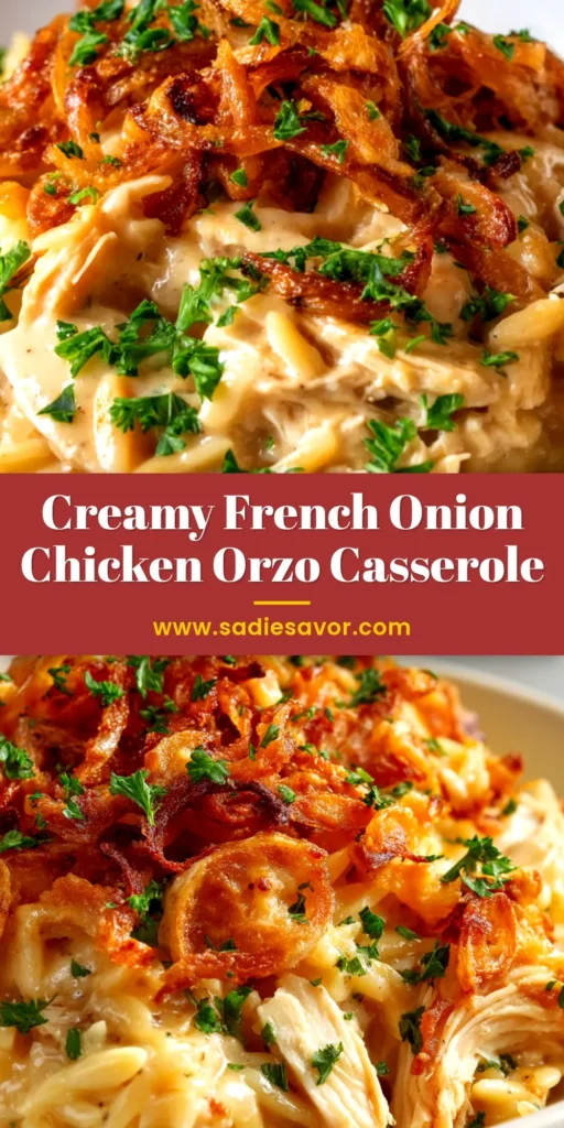 French Onion Chicken Orzo Casserole (The Ultimate Comfort Meal) 4 A top-down view of a skillet of French Onion Chicken Orzo Casserole, with a golden, bubbly Gruyère cheese crust and fresh thyme garnish.