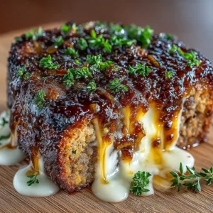 An extreme close-up of a thick slice of French Onion Meatloaf, highlighting the moist ground beef texture and the layer of sweet caramelized onions under the melted cheese.