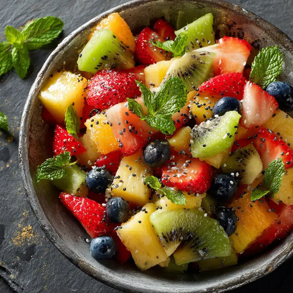 Summer Fruit Salad with Honey-Lime Dressing 2 A close-up view of the fresh fruit salad, showing the vibrant colors of strawberries, blueberries, and melon chunks.