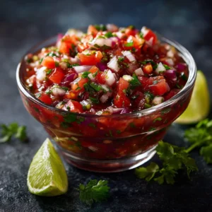 A close-up shot of fresh tomato salsa in a white bowl, showing the texture of the diced tomatoes, onions, and cilantro.
